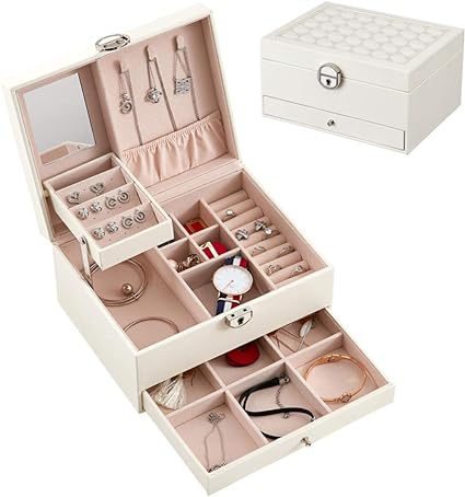 Cestbella Jewelry Box Jewellery Storage Box Case Organizer 2 Layer with Mirror Drawer Tray Lock Leather White Large Capacity for Earrings Ring Necklace Bracelet Watch